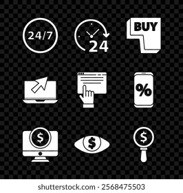 Set Clock 24 hours, Buy button, Computer monitor with dollar, Eye, Magnifying glass and, Laptop cursor and Online shopping screen icon. Vector