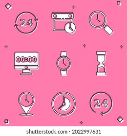 Ajuste Reloj las 24 horas, Calendario y reloj, Vidrio de aumento con, en el monitor, reloj de pulsera, vidrio de reloj de pulsera antiguo, Ubicación e icono. Vector