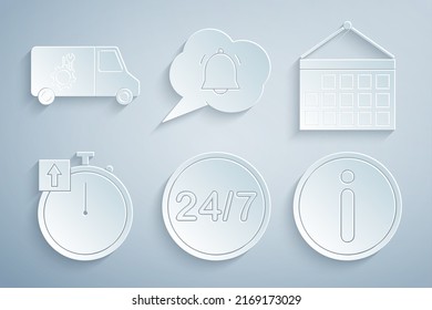 Set Clock 24 hours, Calendar, Stopwatch, Information, Speech bubble chat notification and Car service icon. Vector