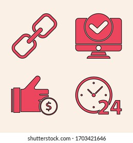 Set Clock 24 hours, Chain link, Computer monitor and Hand holding coin icon. Vector