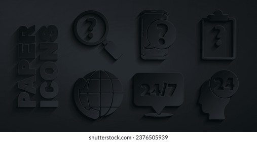 Set Clock 24 hours, Clipboard with question marks, Telephone support, Support operator in touch, Mobile and Unknown search icon. Vector
