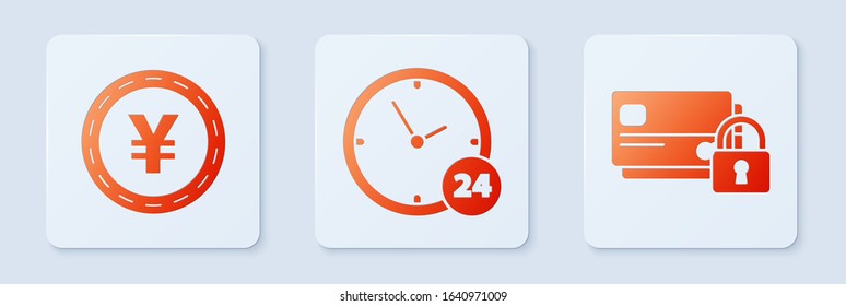 Set Clock 24 hours, Coin money with Yen symbol and Credit card with lock. White square button. Vector