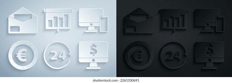 Set Clock 24 hours, Coin money with euro symbol, dollar, Presentation financial board graph, schedule, chart, diagram, infographic, pie graph and Envelope icon. Vector