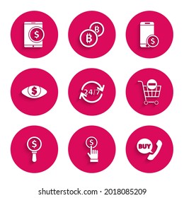 Set Clock 24 hours, Hand holding coin, Phone speech bubble with Buy, Remove shopping cart, Magnifying glass dollar, Eye, Smartphone and Tablet icon. Vector