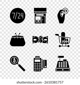 Set Clock 24 hours, Hand holding coin money, Magnifying glass dollar, POS terminal with credit card, Cash register machine, Wallet and Crumpled paper cash icon. Vector - Powered by Shutterstock - Get 15% off with code: PIKWIZARD15