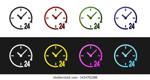 Set Clock 24 hours icon isolated on black and white background. All day cyclic icon. 24 hours service symbol. Vector Illustration