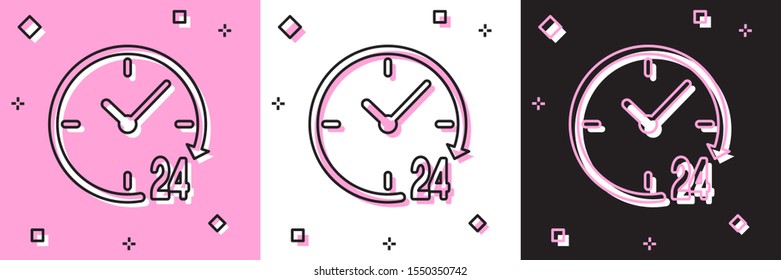 Set Clock 24 hours icon isolated on pink and white, black background. All day cyclic icon. 24 hours service symbol.  Vector Illustration