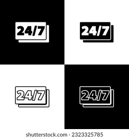 Set Clock 24 hours icon isolated on black and white background. All day cyclic icon. 24 hours service symbol.  Vector