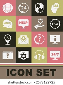 Set Clock 24 hours, Information, Label with text FAQ, Shield, Speech bubble Help, Telephone support and Settings in the hand icon. Vector