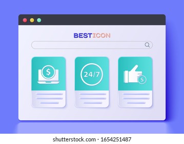 Set Clock 24 hours, Laptop with dollar and Hand holding coin icon. Vector