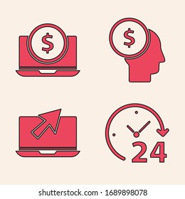 Set Clock 24 hours, Laptop with dollar, Business man planning mind and Laptop and cursor icon. Vector