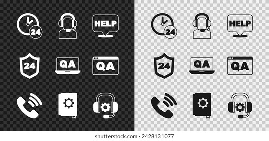 Set Clock 24 hours, Man with a headset, Speech bubble text Help, Telephone support, User manual, Headphones,  and Question and Answer icon. Vector