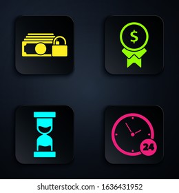 Set Clock 24 hours, Money with lock, Old hourglass with flowing sand and Reward for good work. Black square button. Vector