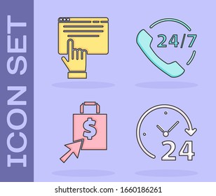 Set Clock 24 hours, Online shopping on screen, Shoping bag and dollar and Telephone 24 hours support icon. Vector