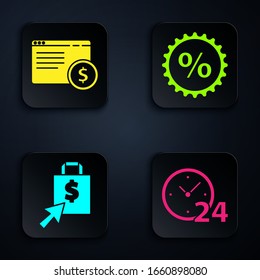 Ponga Reloj 24 horas, Compras en línea en pantalla, Bolsa de compras y dólar y la etiqueta Porcentaje de descuento. Botón cuadrado negro. Vector