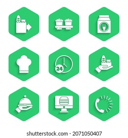 Set Clock 24 hours, Online ordering and delivery, Food, Covered with tray of food, Chef hat,  and  icon. Vector
