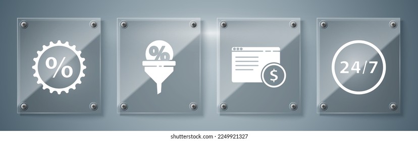 Set Clock 24 hours, Online shopping on screen, Lead management and Discount percent tag. Square glass panels. Vector