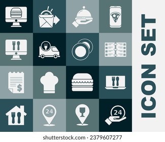 Set Clock 24 hours, Online ordering and delivery, Restaurant cafe menu, Covered with tray of food, Fast by car,  and Plate icon. Vector