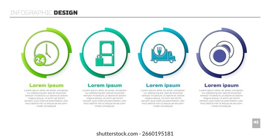 Set Clock 24 hours, Online ordering and delivery, Fast delivery by car and Plate. Business infographic template. Vector