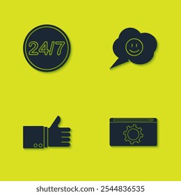 Set Clock 24 hours, Setting, Hand thumb up and Speech bubble with smile face icon. Vector