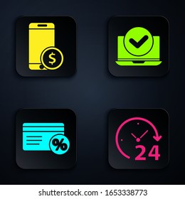 Set Clock 24 hours, Smartphone with dollar, Discount card with percent and Laptop. Black square button. Vector