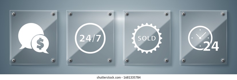Ponga Reloj 24 horas, Sello de venta, Reloj 24 horas y Burbuja de voz con dólar. Paneles de vidrio cuadrado. Vector