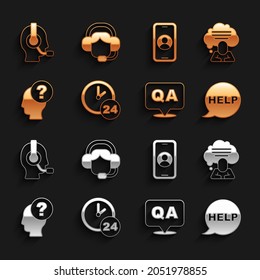 Set Clock 24 hours, Speech bubble chat, with text Help, Question and Answer, Head question mark, Telephone support, Man headset and Woman icon. Vector