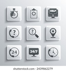 Set Clock 24 hours, Telephone support, Location with gear, Unknown search, Stopwatch and Computer monitor and help icon. Vector