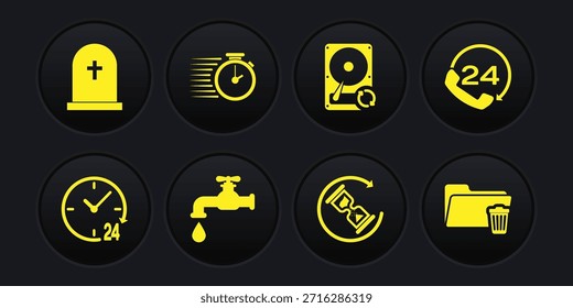 24 horas, Asistencia telefónica, grifo de agua, espera, actualización de sincronización de disco duro HDD e ícono de cronómetro. Vector