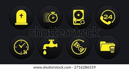 Set Clock 24 hours, Telephone support, Water tap, Waiting, Hard disk drive HDD sync refresh and Stopwatch icon. Vector