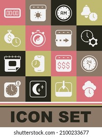 Set Clock, 24 hours, Time management, Morning time, Stopwatch, is money, Digital alarm clock and flies the icon. Vector