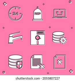 Set Clock 24 hours, Tombstone with RIP written, Dead laptop, Water tap, Floppy disk in the 5.25-inch and Setting database server icon. Vector
