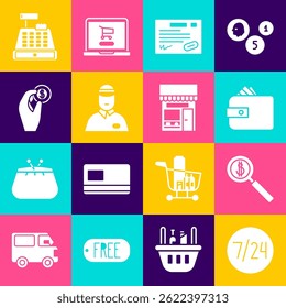 Set Clock 24 hours, Wallet with paper money cash, Warranty certificate template, Seller, Hand holding coin, Cash register machine and Shopping building or market store icon. Vector