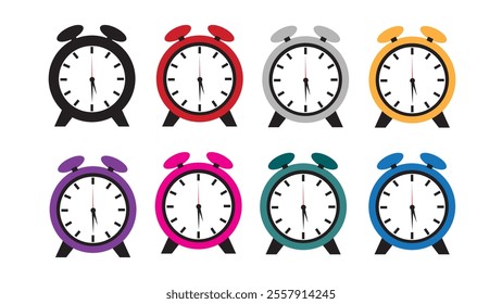 Set of Clock 5 30 illustration. Round wall clock flat design isolated on white background. Black, gray, red, yellow, purple, pink, green, and blue clock