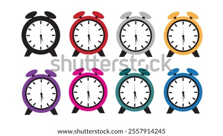 Set of Clock 5 30 illustration. Round wall clock flat design isolated on white background. Black, gray, red, yellow, purple, pink, green, and blue clock