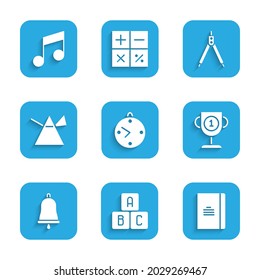 Set Clock, ABC blocks, Spiral notebook, Award cup, Ringing bell, Light rays prism, Drawing compass and Music note, tone icon. Vector