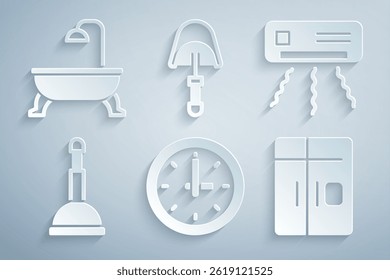 Set Clock, Air conditioner, Rubber plunger, Refrigerator, Spatula and Bathtub icon. Vector