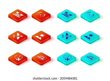 Set Clock with airplane, Signboard text Hotel, Plane, Location, Heart shaped love glasses and Sand castle icon. Vector