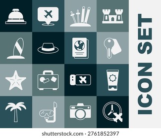 Set Clock with airplane, Sunscreen cream in tube, Hotel door key, Ski and sticks, Man hat ribbon, Surfboard, service bell and Passport icon. Vector