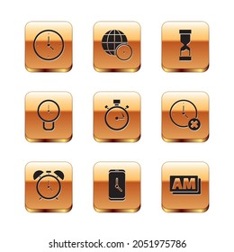 Set Clock, Alarm clock, app mobile, Stopwatch, Old hourglass, AM and World time icon. Vector