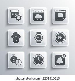 Set Clock, Alarm clock app mobile, Day time, Wrist watch, Time money, Calendar settings and  icon. Vector