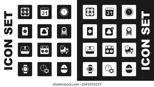Set Clock, Alarm clock app mobile, Time zone clocks, Antique, Calendar, Delivery truck and time and Sunrise icon. Vector