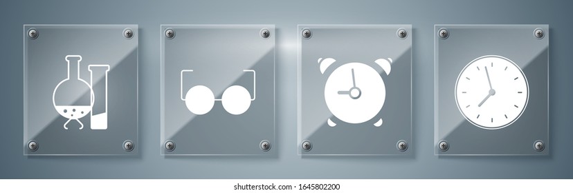 Set Clock, Alarm clock, Glasses and Test tube and flask chemical laboratory test. Square glass panels. Vector