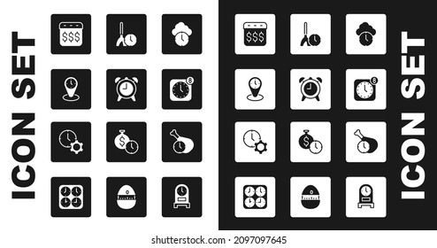 Set Clock, Alarm clock, Time zone clocks, Payday, calendar with dollar, app mobile, Cleaning time, Food and management icon. Vector