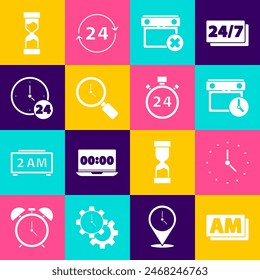 Set Clock AM, Calendar and clock, date delete, Magnifying glass with, 24 hours, Old hourglass and Stopwatch icon. Vector