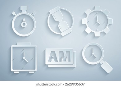 Set Clock AM, Time Management, Alarm clock, Magnifying glass with, Old hourglass and Stopwatch icon. Vector