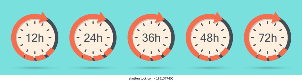 Set Of Clock Arrow 12, 24, 36, 48, 72 Hours In A Flat Design