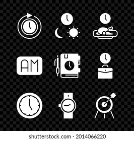 Ponga el reloj con flecha, día y noche, Comida, reloj de pulsera, Deporte objetivo, Morning y el icono de la libreta de papel diario. Vector