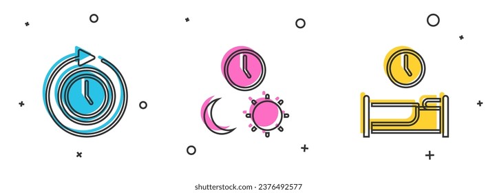 Set Clock with arrow, Day and night time and Time to sleep icon. Vector