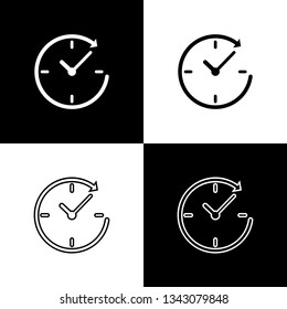 Set Clock with arrow icons isolated on black and white background. Time symbol. Clockwise rotation icon arrow and time. Line, outline and linear icon. Vector Illustration